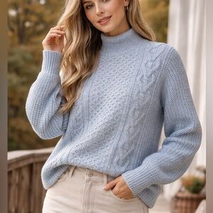 Vero Moda Cable Knit High Neck Sweater Blue Melange womens large Chunky Pullover